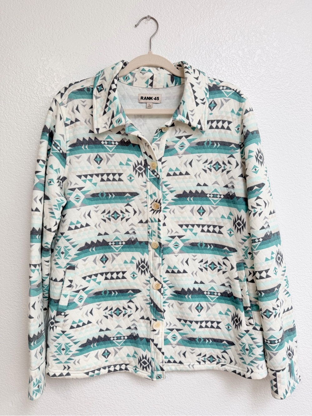 RANK 45 Southwestern Quilted Shacket Teal Cream Large